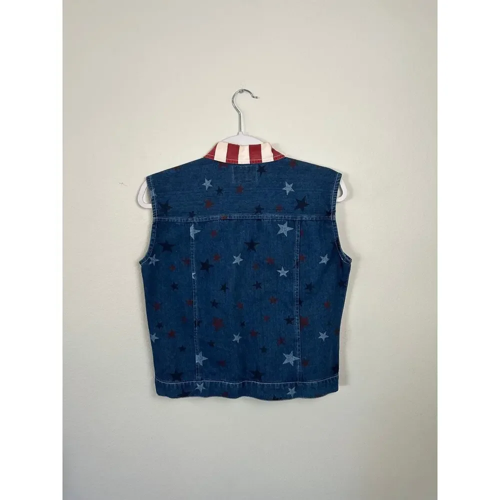 Vintage Americana Denim Vest Small Flag Collar Star Print Western USA Patriotic - Picture 4 of 8
